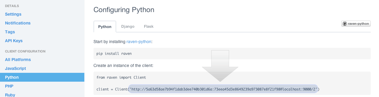 In Sentry, go to your project admin page, click Python.